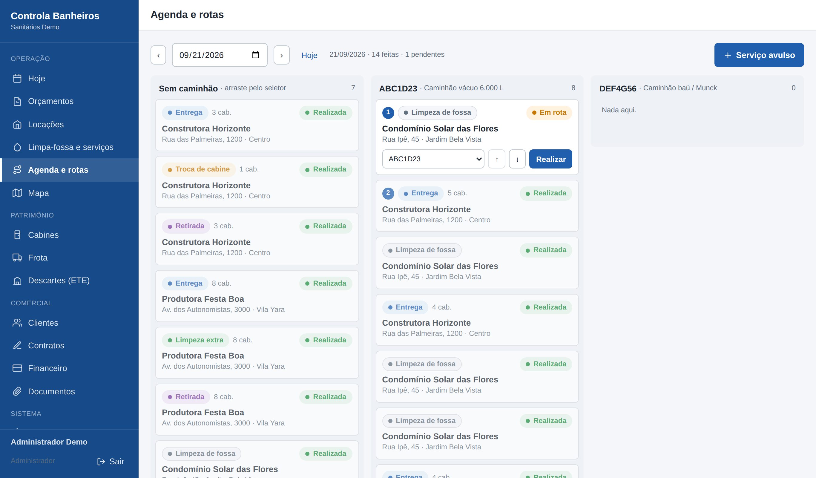 Agenda do dia por caminhão com ordens de serviço