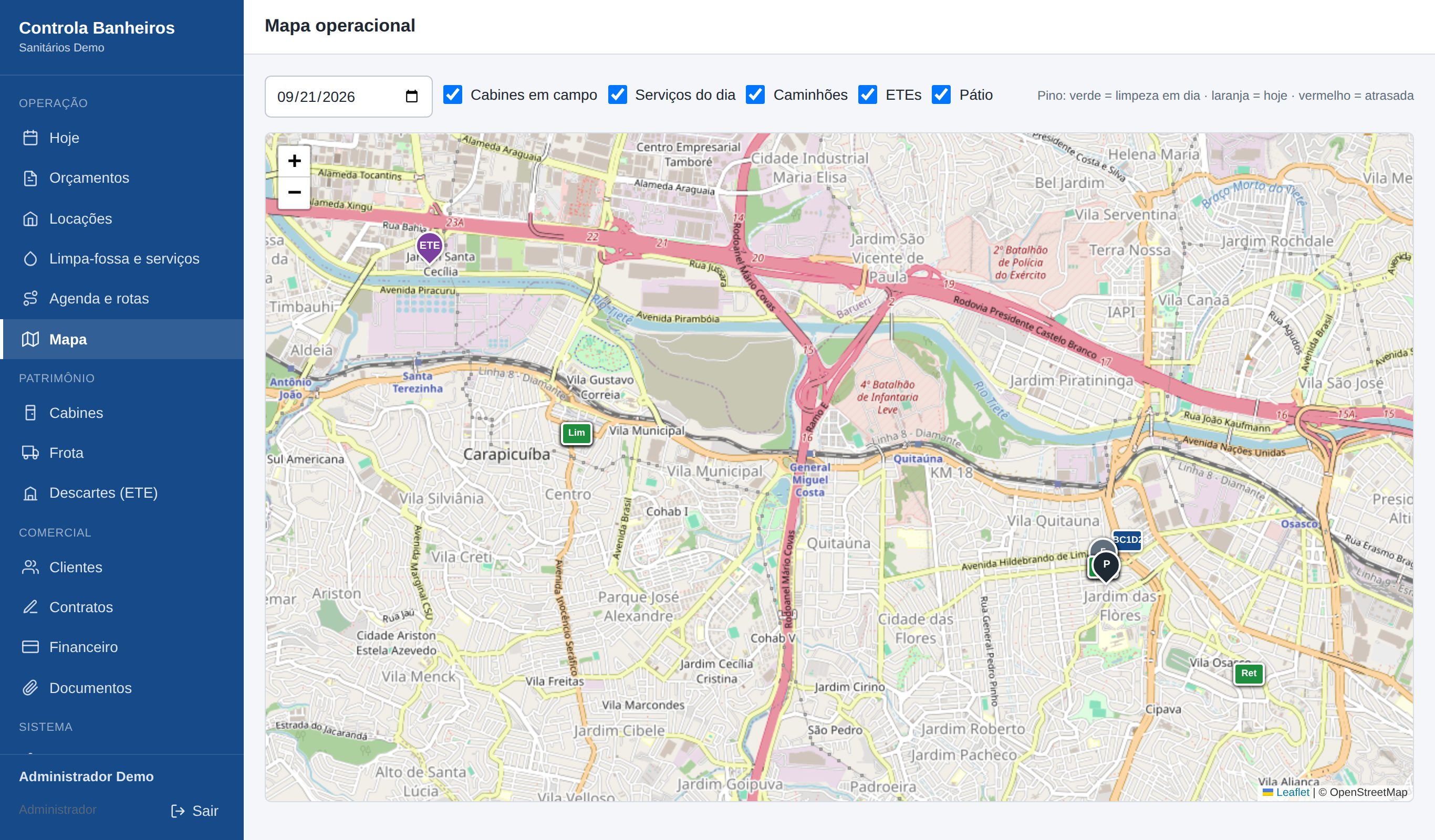 Mapa operacional com cabines em campo e serviços do dia