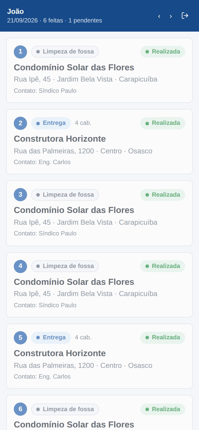 App do motorista com a rota do dia